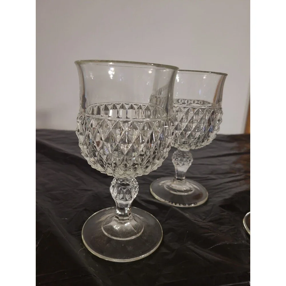 VTG Set/3 INDIANA GLASS CLEAR DIAMOND POINT STEMMED DRINKING GLASSES 6 1/2